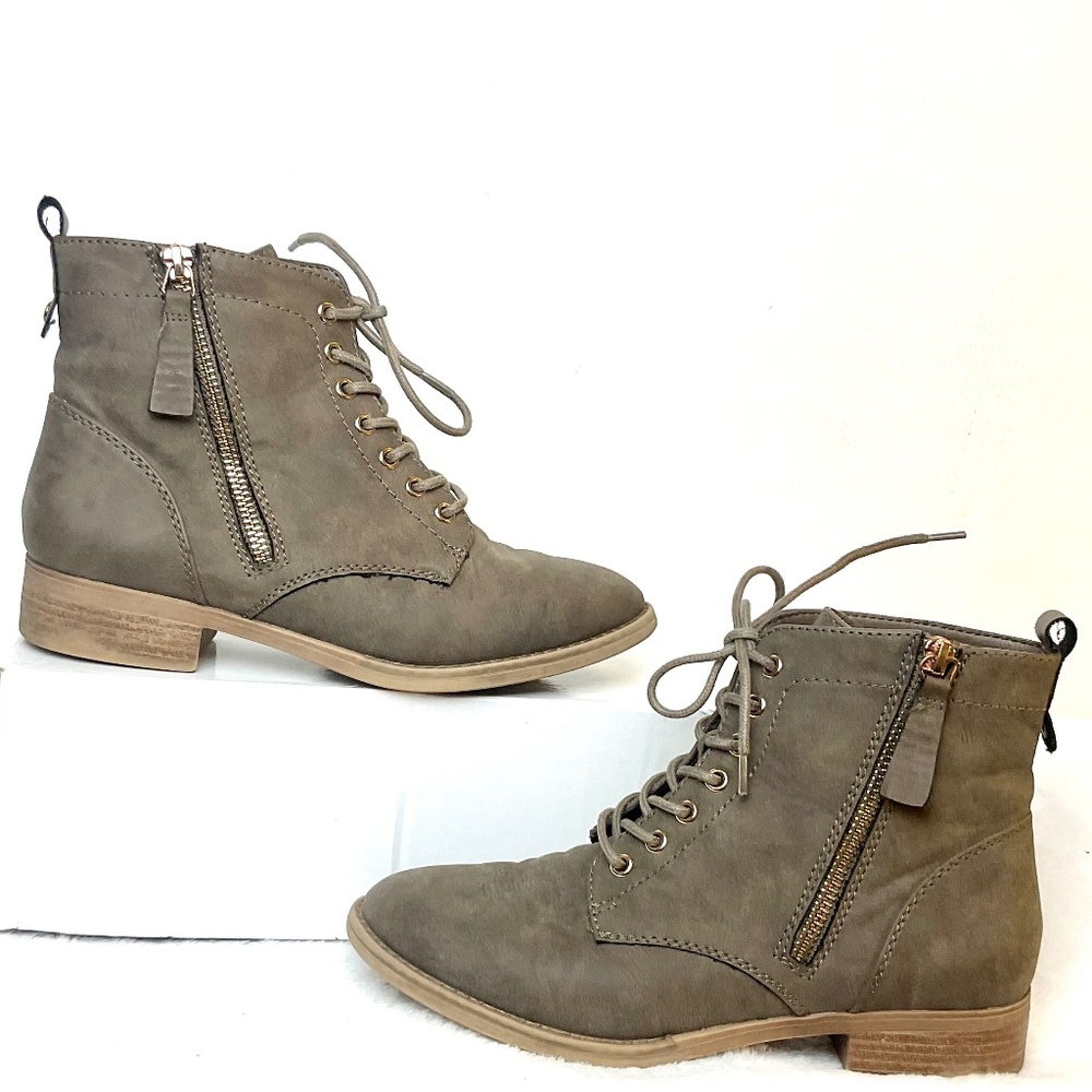 XAPPEAL BROWN WOMENS LACI SIDE ZIP COMBAT MOTO BOOT WITH GOLD DETAIL sz 7